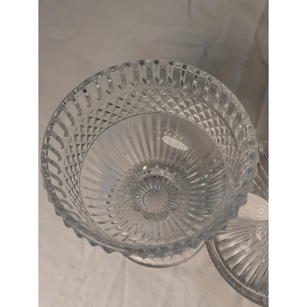 Vintage Clear Pressed Glass Candy Dish Diamond Point Footed Compote with Lid